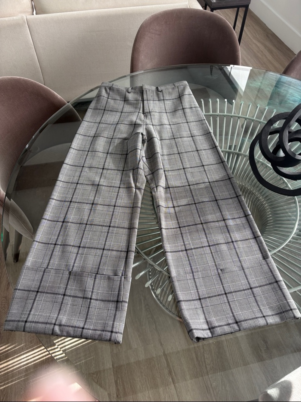 Sea New York cropped high rise black plaid Wide-Pants. Button and zipper fly.